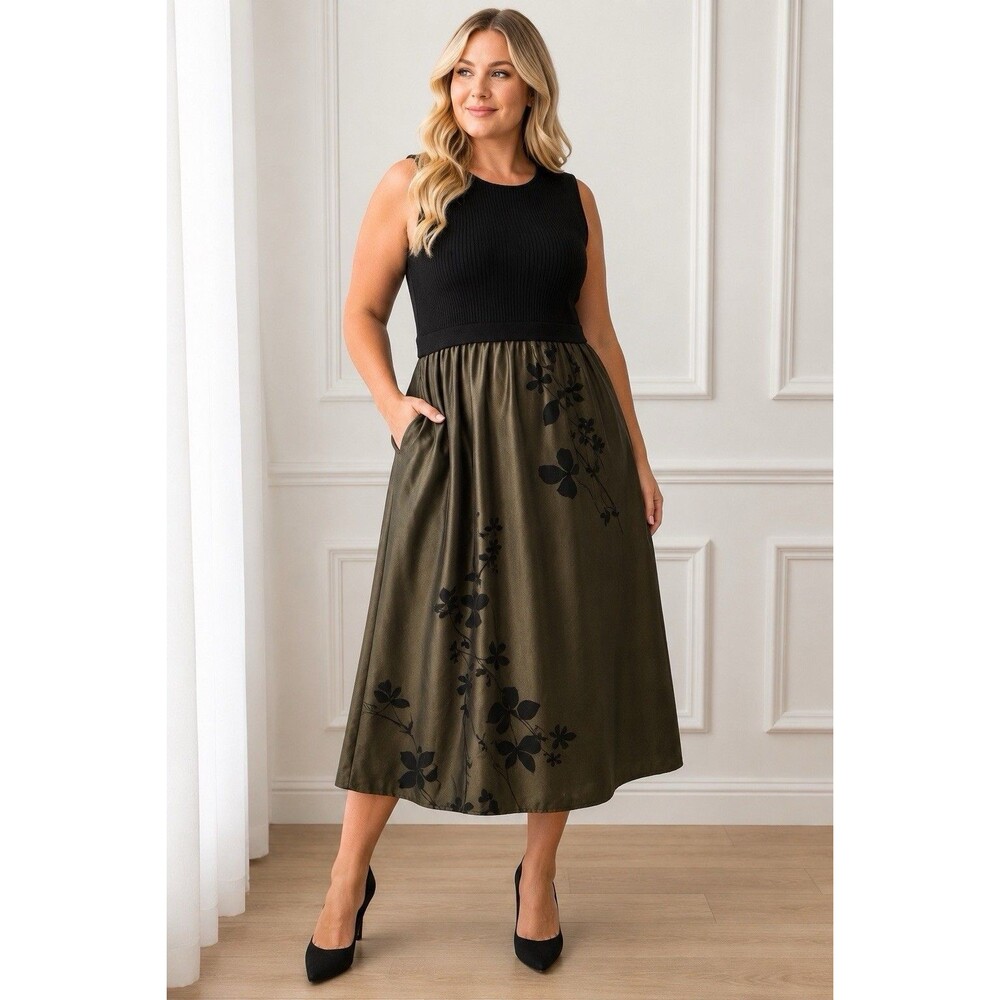 Taylor XL Mixed Media Midi Dress Black Knit Dark Olive Floral Pockets Sleeveless